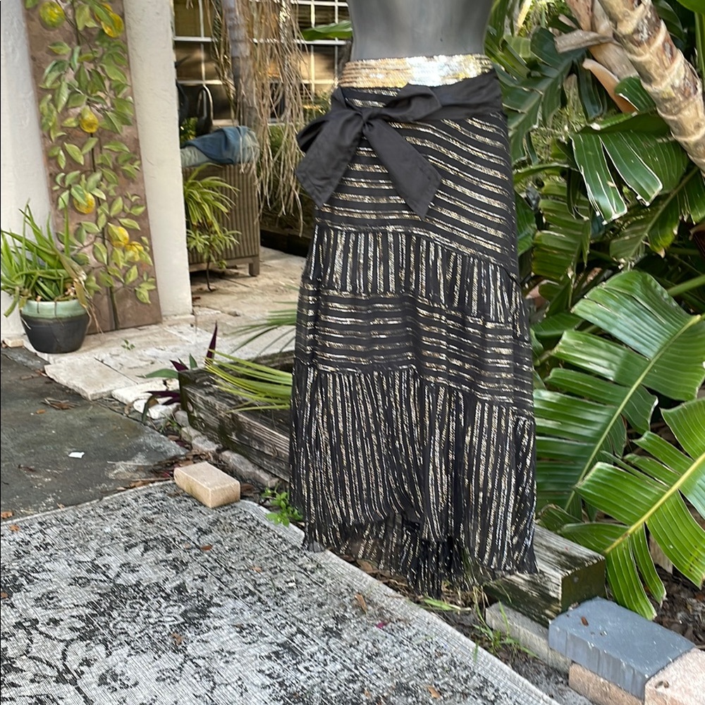 Vintage gold /silver silk asymmetric ruffle tiered skirt